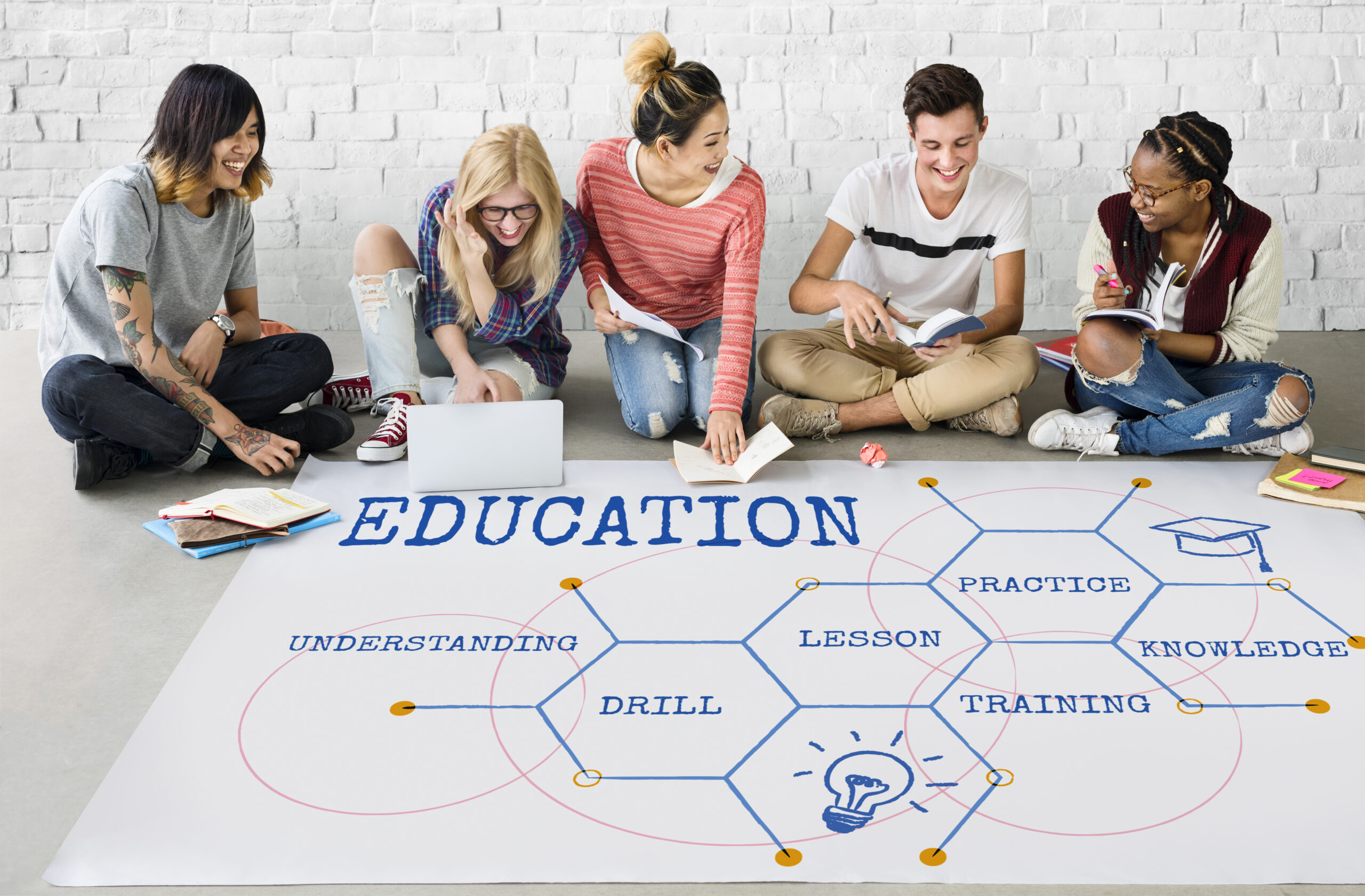 A group of five diverse students sitting on the floor, happily engaged in studying with books and a laptop, next to a large educational concept diagram featuring words like “Education,” “Understanding,” “Drill,” “Lesson,” “Practice,” “Training,” and “Knowledge.”